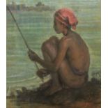 20th Century Indian School. A Young Boy Fishing, Pastel on Joined Paper, Indistinctly Signed, 24"