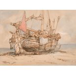 James Webb (c.1825-1895) British. A Beached Fishing Boat, Watercolour, Pen and Ink, Signed and Dated