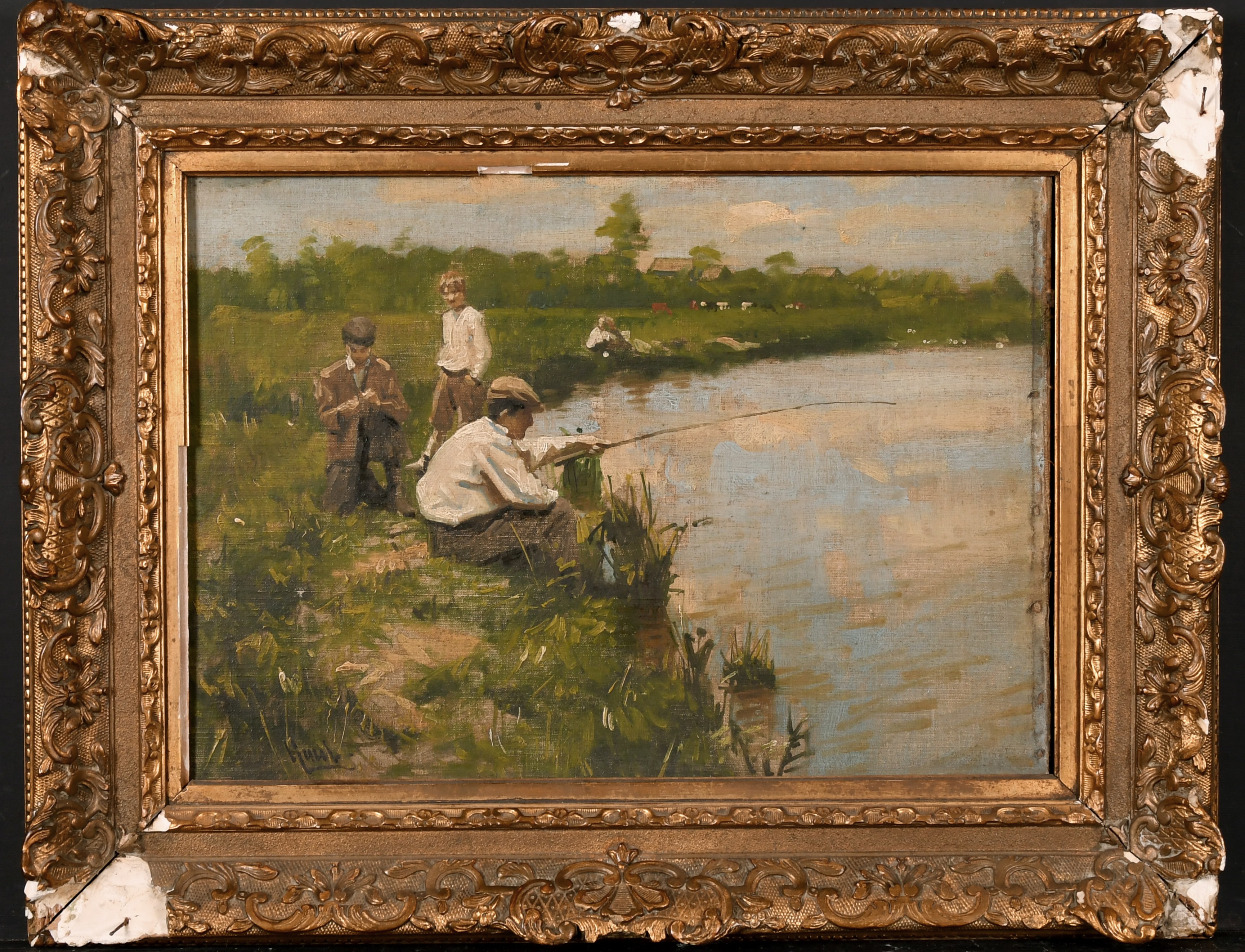 Gilbert William Gaul (1855-1919) American. "A Boy's Sport", a Sketch of Boys Fishing, Oil on Canvas - Image 2 of 4