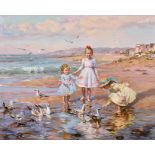 Konstantin Razumov (1974- ) Russian. "Three Young Girls on a Beach in Normandy", Oil on Canvas,