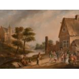 V. Heyde (19th Century) Dutch. Figures outside a Tavern, Oil on Canvas, Signed, 15” x 20” (38 x 50.