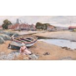 Hubert Coop (1872-1953) British. A Girl Playing with her Toy Boat by an Inlet, Watercolour,