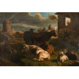 Manner of Adriaen Van de Velde (1636-1672) Dutch. Cattle in a Landscape with Classical Ruins beyond,