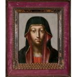 17th Century German School. Head of a Madonna, Oil on Panel, in a Temple Frame with simulated