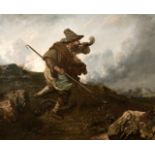 Circle of Gustave Courbet (1819-1877) French. A Shepherd in a Storm blowing his Horn, Oil on Canvas,