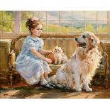 Konstantin Razumov (1974- ) Russian. "The Best of Friends", a Young Girl with a Dog and Puppy, Oil