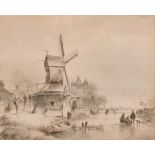 Lodewijk Johannes Kleyn (1817-1897) Dutch. "Dutch Canal and Windmill", Pencil, Indistinctly