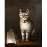 Early 19th Century English School. Study of a Seated Cat by a Ledger and Inkwell, Oil on Canvas,