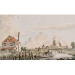 18th Century Dutch School. River Landscape with Figures in a Boat and Windmills beyond, Watercolour,