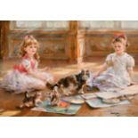 Konstantin Razumov (1974- ) Russian. Two Girls playing on the Floor with a Cat, Oil on Canvas,