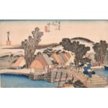 After Utagawa Hiroshige (1797-1858) Japanese. "Hodagaya Station and Shinkame Bridge", Woodcut,