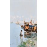 Camillo Bortoluzzi (1868-1933) Italian. An Estuary Scene with Figures in Boats and a Young Boy