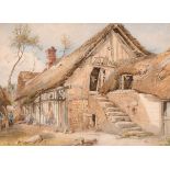William Hull (1820-1880) British. Figures by a Rambling Thatched Cottage, Watercolour, Signed, 9.
