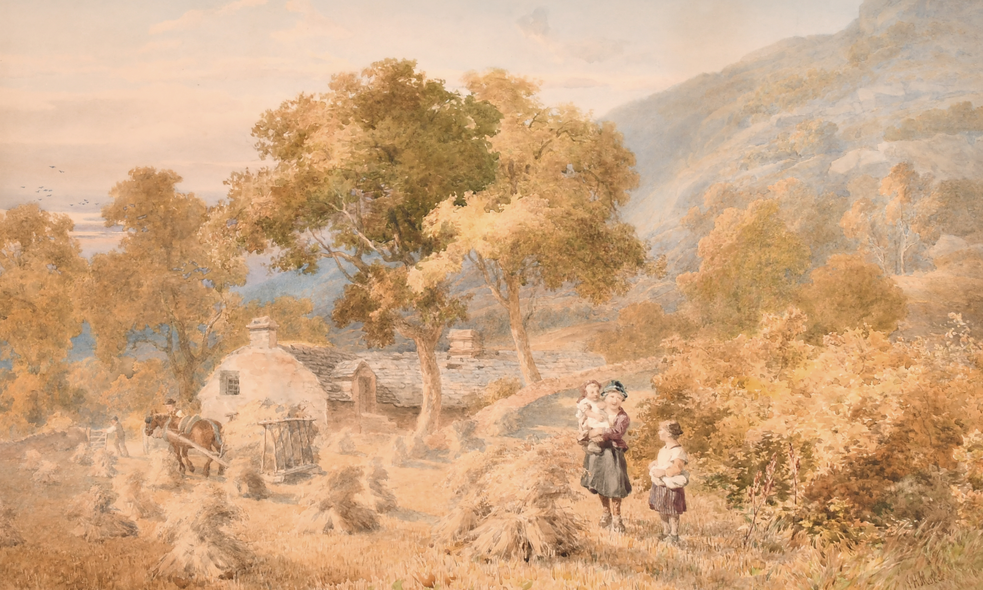 John Henry Mole (1814-1886) British. A Mountainous Landscape with Harvesting and Children in the