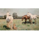 Rowland Wheelwright (1870-1955) British. 'The New Foal', with Horses in a field, Oil on Canvas,