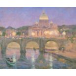 Alan Gourley (1909-1991) South African. "St Peter's Basilica and St Angelo Bridge, Vatican, Rome",