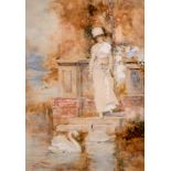 David Woodlock (1842-1929) British. An Elegant Lady feeding the Swans, Watercolour, Signed, 13.25" x