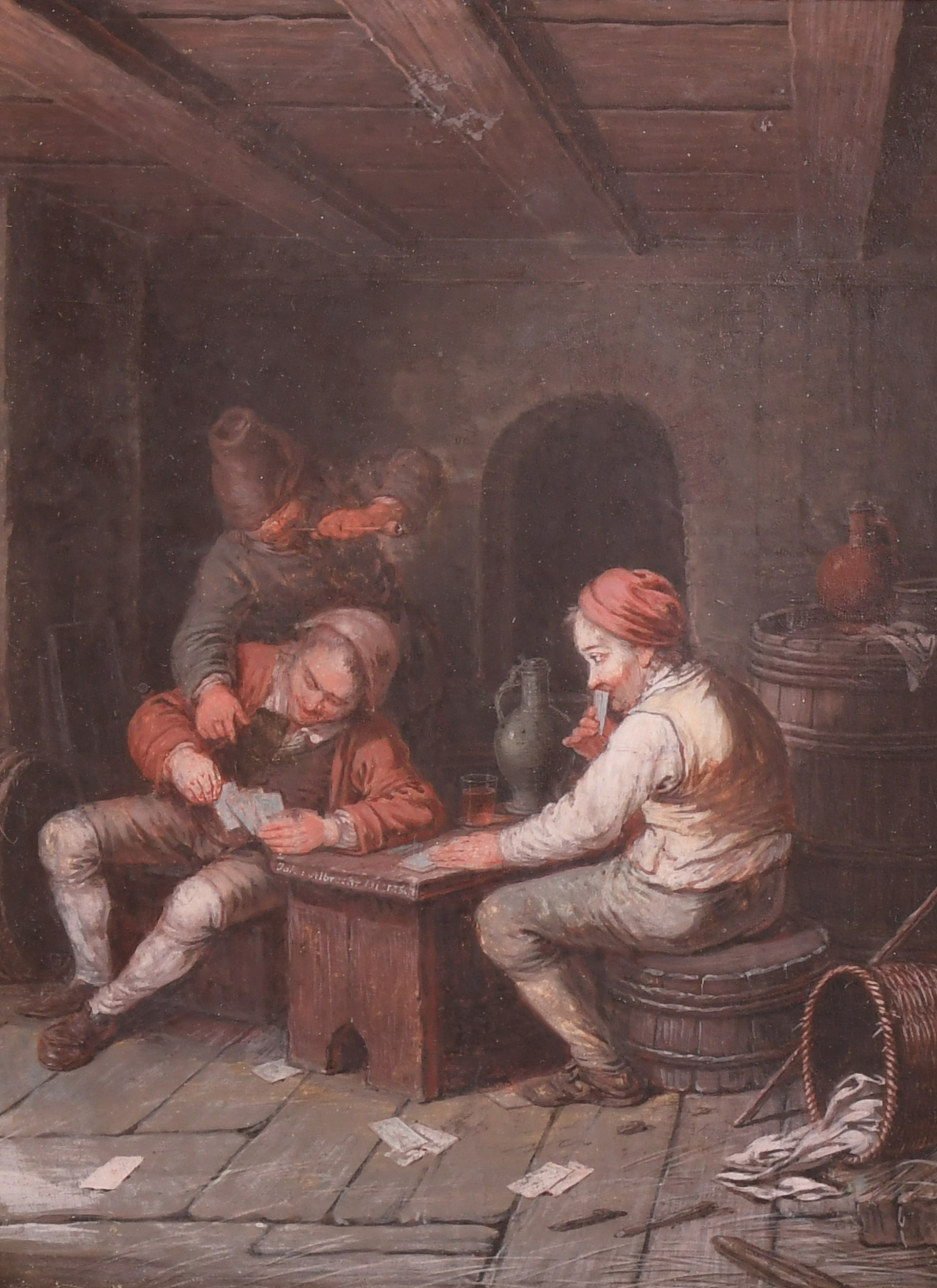 Johann Albrecht Dietzsch (1720-1782) German. The Card Game, Gouache, Signed, 9" x 6.75" (22.8 x 17.