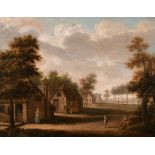 Circle of George Smith of Chichester (1714-1776) British. "Figures on a Path in a Village", Oil on