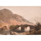 John Varley (1778-1842) British. "River View with Bridge", Watercolour, Inscribed on a label