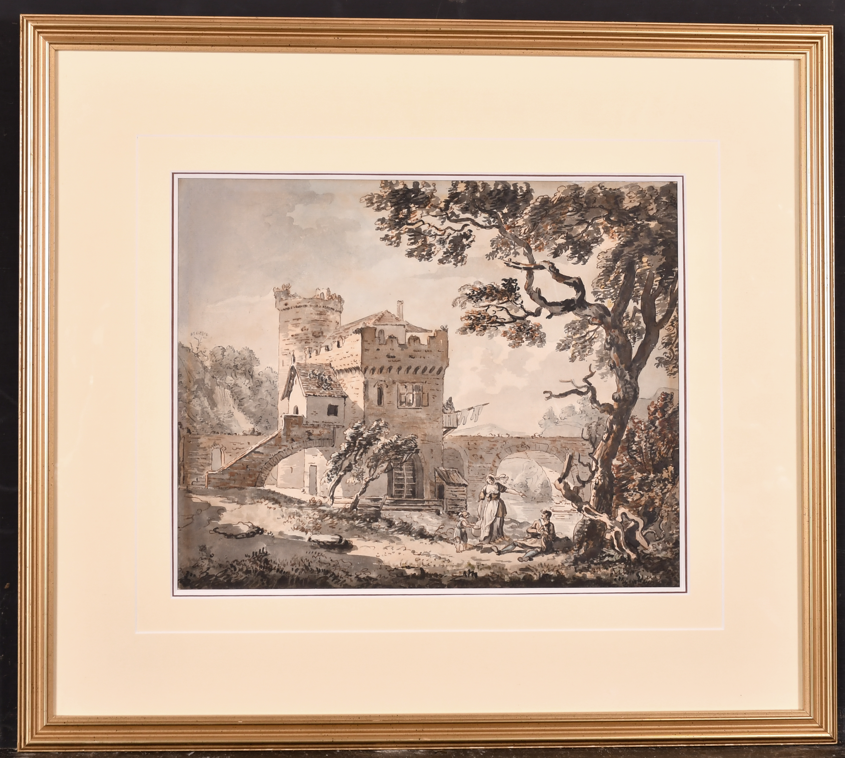 Circle of Paul Sandby (1725-1809) British. 'A Castellated Watermill with River Bridge', Watercolour, - Bild 2 aus 4