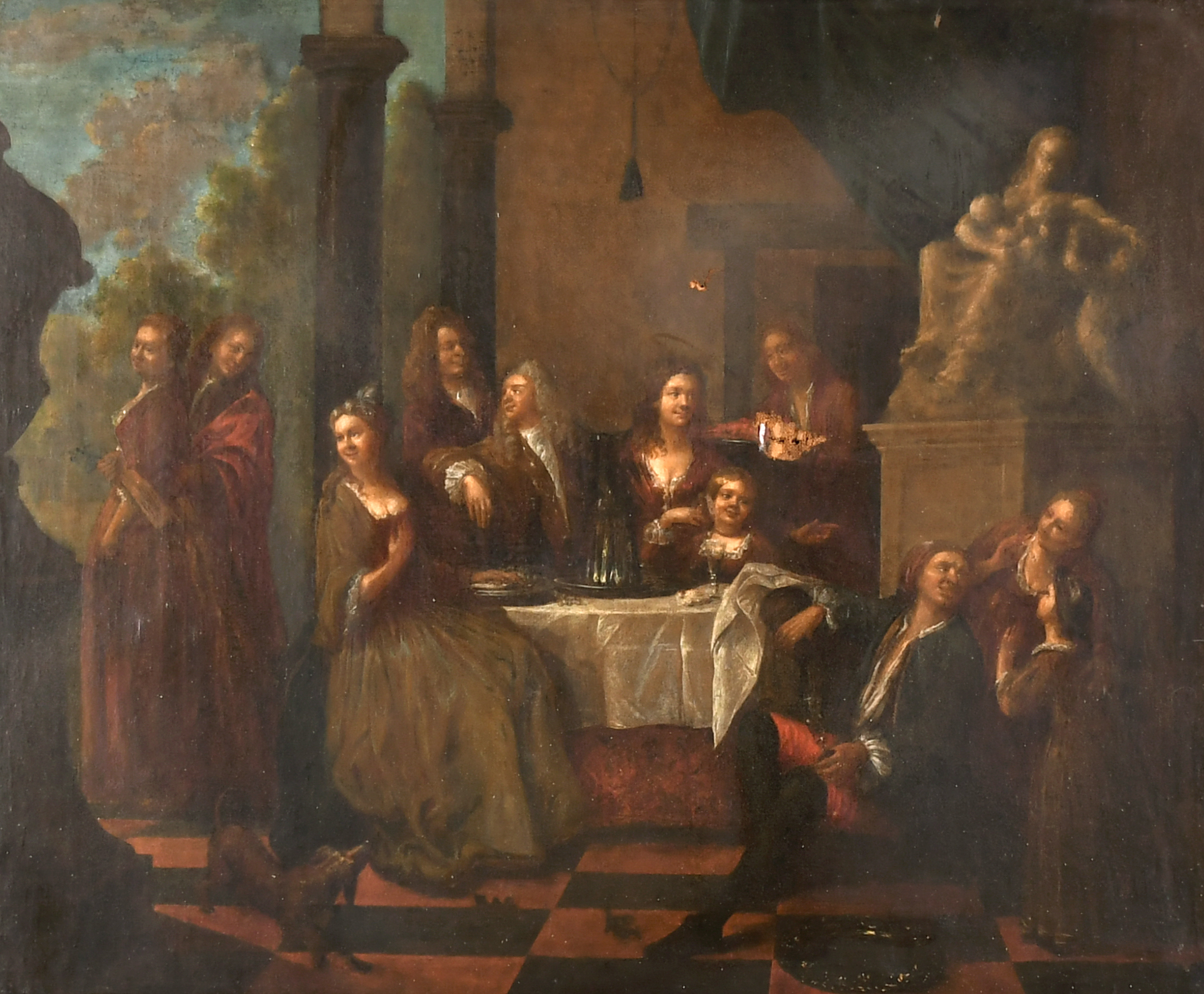 18th Century Dutch School. Elegant Figures at a Table on a Terrace, Oil on Canvas, 19.5" x 23.5" (