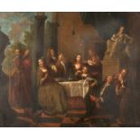 18th Century Dutch School. Elegant Figures at a Table on a Terrace, Oil on Canvas, 19.5" x 23.5" (