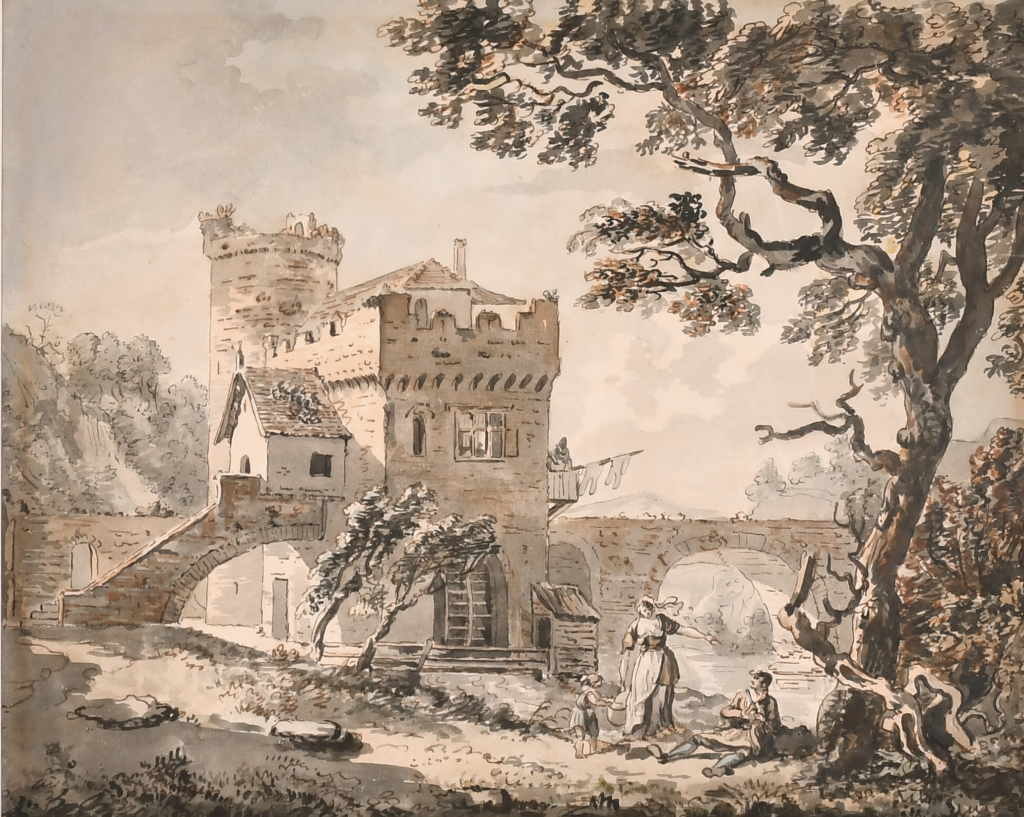 Circle of Paul Sandby (1725-1809) British. 'A Castellated Watermill with River Bridge', Watercolour,