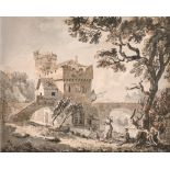 Circle of Paul Sandby (1725-1809) British. 'A Castellated Watermill with River Bridge', Watercolour,