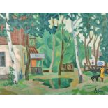 Rotislav Vovkushevsky (1917-2000) Russian. A Garden Scene with a Figure and Dog, Oil on Canvas,