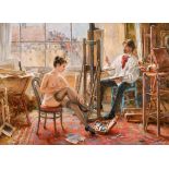 Konstantin Razumov (1974- ) Russian. "In the Art Studio", Oil on Canvas, Signed in Cyrillic, and