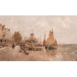 Karl Wagner (1839-1923) Dutch. A Harbour Scene with Figures with Moored Boats beyond, Oil on Canvas,