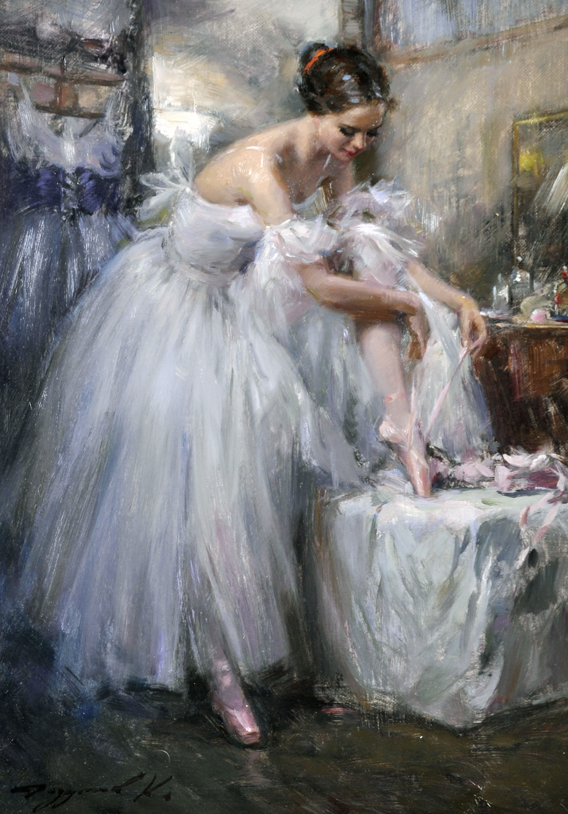 Konstantin Razumov (1974-    ) Russian. "Ballerina in the Dressing Room", tying her Ballet Shoes,