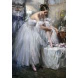 Konstantin Razumov (1974-    ) Russian. "Ballerina in the Dressing Room", tying her Ballet Shoes,