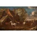 18th Century Dutch School. Figures and Horses by an Inn, Oil on Panel, 5" x 8" (12.7 x 22.2cm)