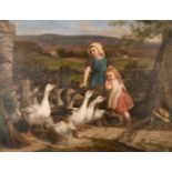 George Augustus Holmes (1822-1911) British. A Farmyard Scene with Young Children Feeding Geese,