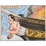 Peter Brookes (1943- ) British. "Flagship up in Smoke", Watercolour, Signed, Inscribed and Dated