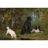 Dominique Grenet (1821-1885) French. Dogs at the Water's Edge, Oil on Board, Signed, and Inscribed