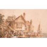 Circle of Samuel Prout (1783-1852) British. Figures in Front of a Dockside Inn, Watercolour, 6.75" x