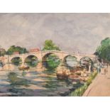 Rene Aubert (1894-1977) French. "The Busy Thames at Richmond Bridge", Watercolour, Signed, and