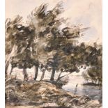 Circle of John Constable (1776-1837) British. A River Landscape, Watercolour, Inscribed on Mount,