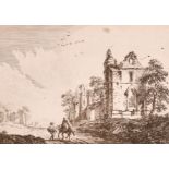 Paul Sandby (c.1730-1809) British. "Ruined Abbey with Travellers on the Road" 1758, Etching, 5.15" x
