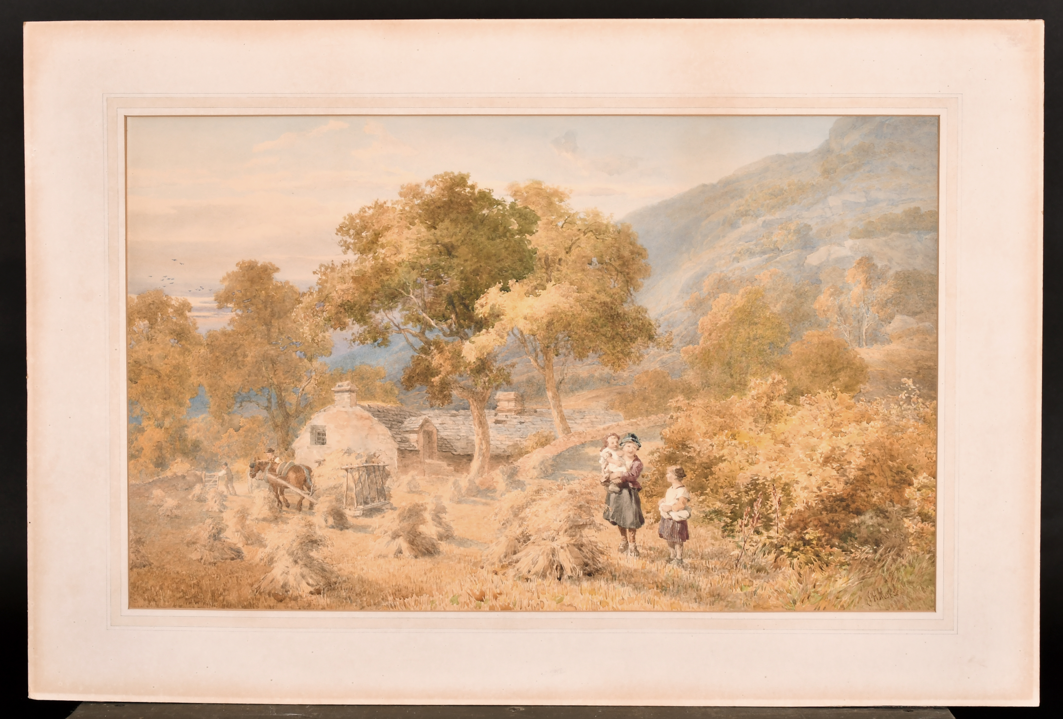 John Henry Mole (1814-1886) British. A Mountainous Landscape with Harvesting and Children in the - Image 2 of 4