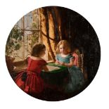 William Jabez Muckley (1837-1905) British. Youngs Girls playing at a Table by a Window, Oil on