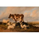Thomas Sidney Cooper (1803-1902) British. Sheep and Cows in a River Landscape, Oil on Canvas, Signed