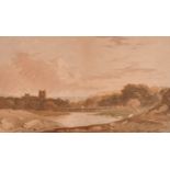 John Varley (1778-1842) British. "Landscape with Ruined Castle", Watercolour, Inscribed on labels