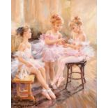 Konstantin Razumov (1974- ) Russian. "Three Girls in Tutus at the Ballet Lesson", Oil on Canvas,