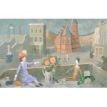 John Verney (1913-1993) British. Toy Dolls in a Box with a Cat looking on and Figures in the Street,