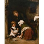 Joseph Clarke (1834-1926) British. Young Children playing with a Doll, Oil on Canvas, Signed with