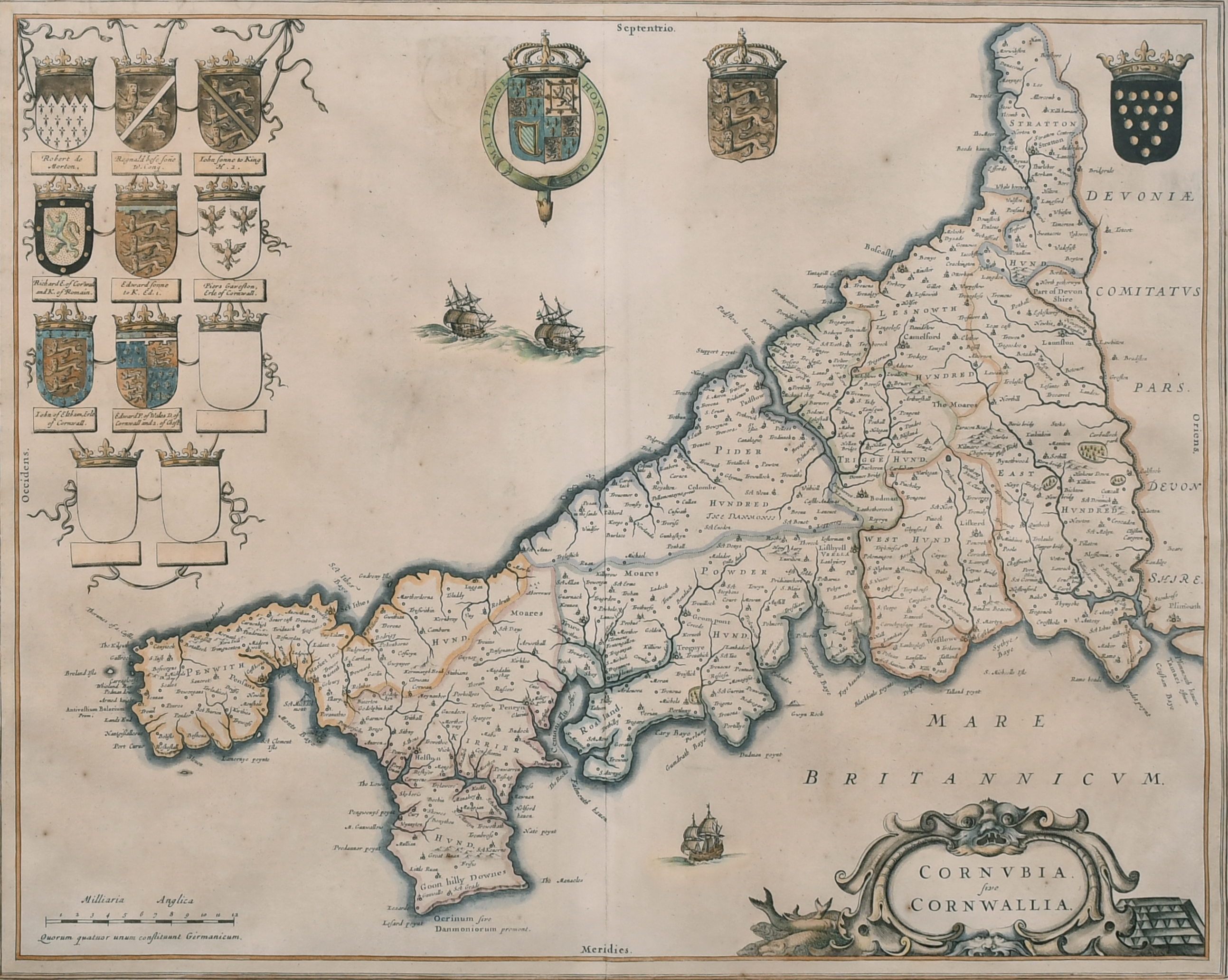 Johannes Willemszoon Blaeu (1599-1673) Dutch. "Cornubia sive Cornwallia" (Cornwall), Map, framed